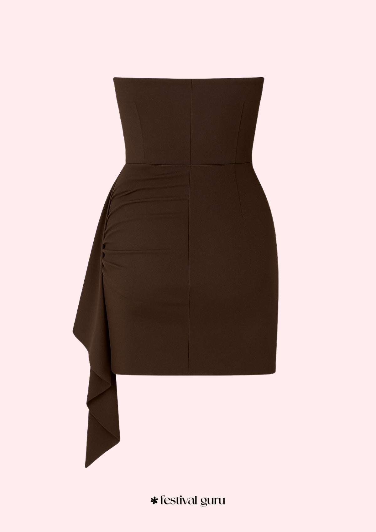 Brown strapless dress with a draped detail on a light pink background, featuring 'festival guru' branding.