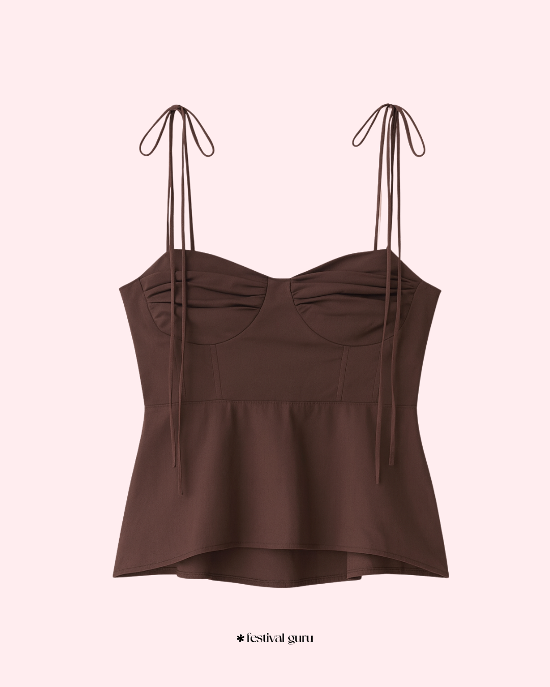 Brown strapless top with tied straps on a light pink background