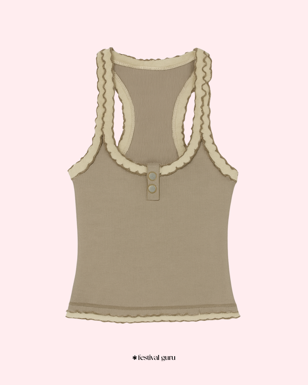 Brown tank top with lace trim on a light pink background