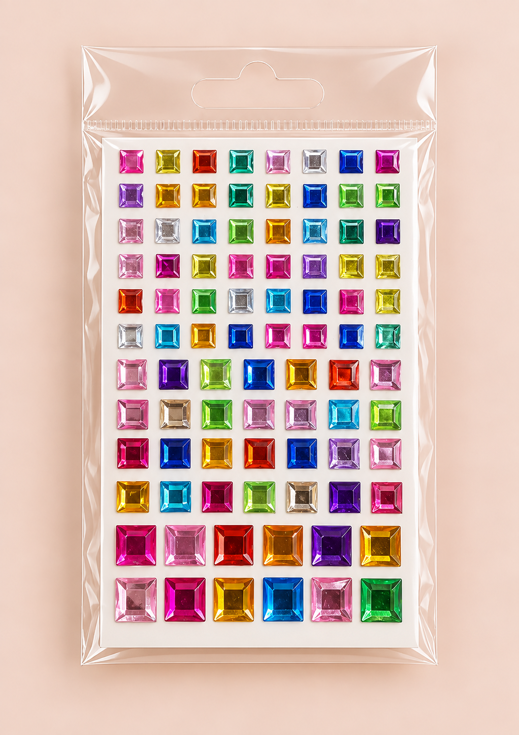 A sheet of colorful square rhinestone stickers in a clear plastic hanging bag, displayed on a solid pale pink background.