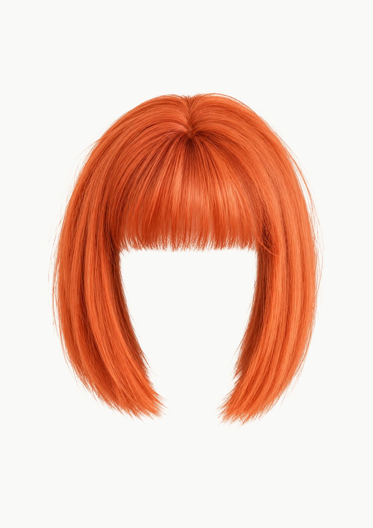 A bright orange-blonde bob wig with straight bangs, displayed on a plain white background.