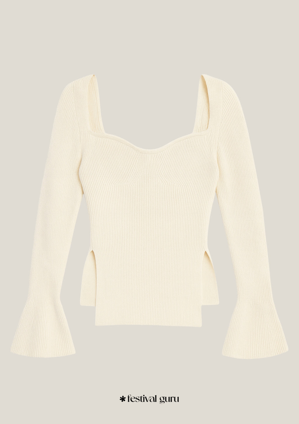 Cream-colored long-sleeve top with flared sleeves on a light gray background, featuring 'festival guru' branding.