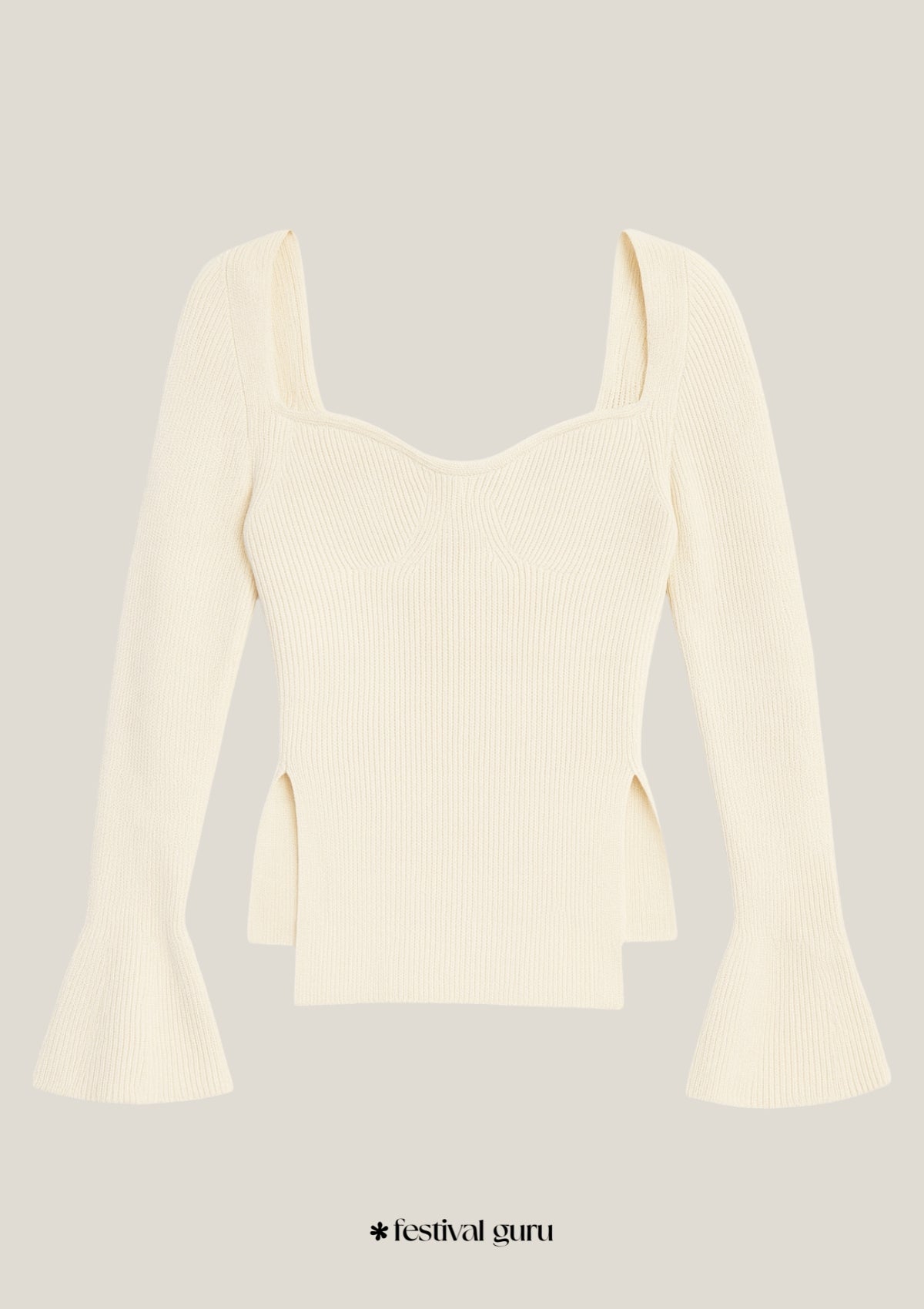 Cream-colored long-sleeve top with flared sleeves on a light gray background, featuring 'festival guru' branding.
