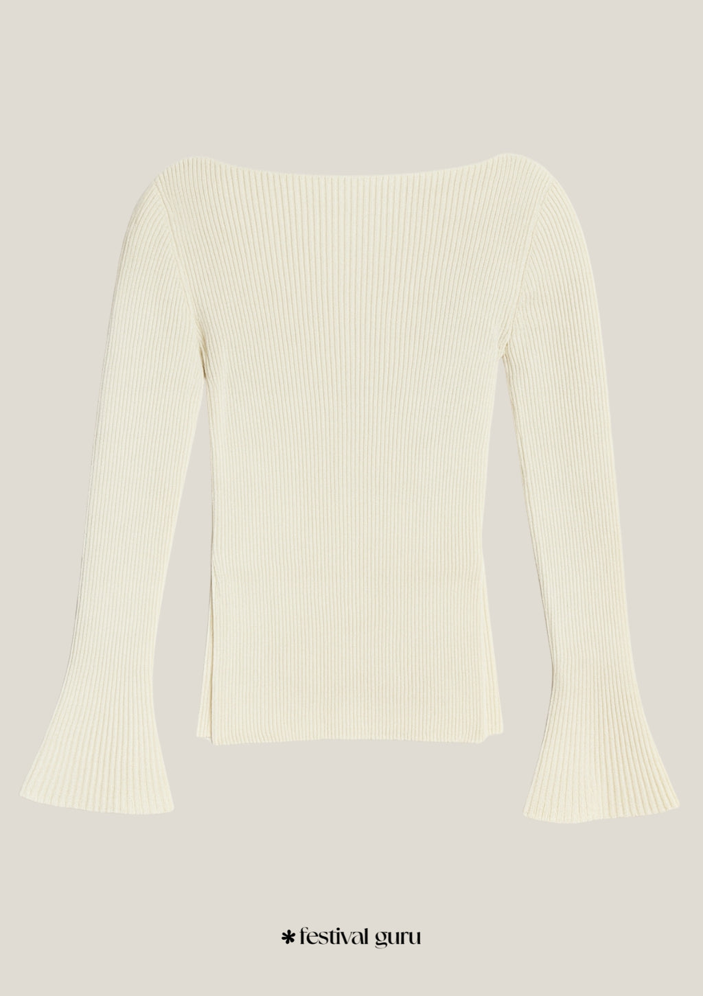 Cream-colored ribbed sweater on a light gray background with 'festival guru' branding.