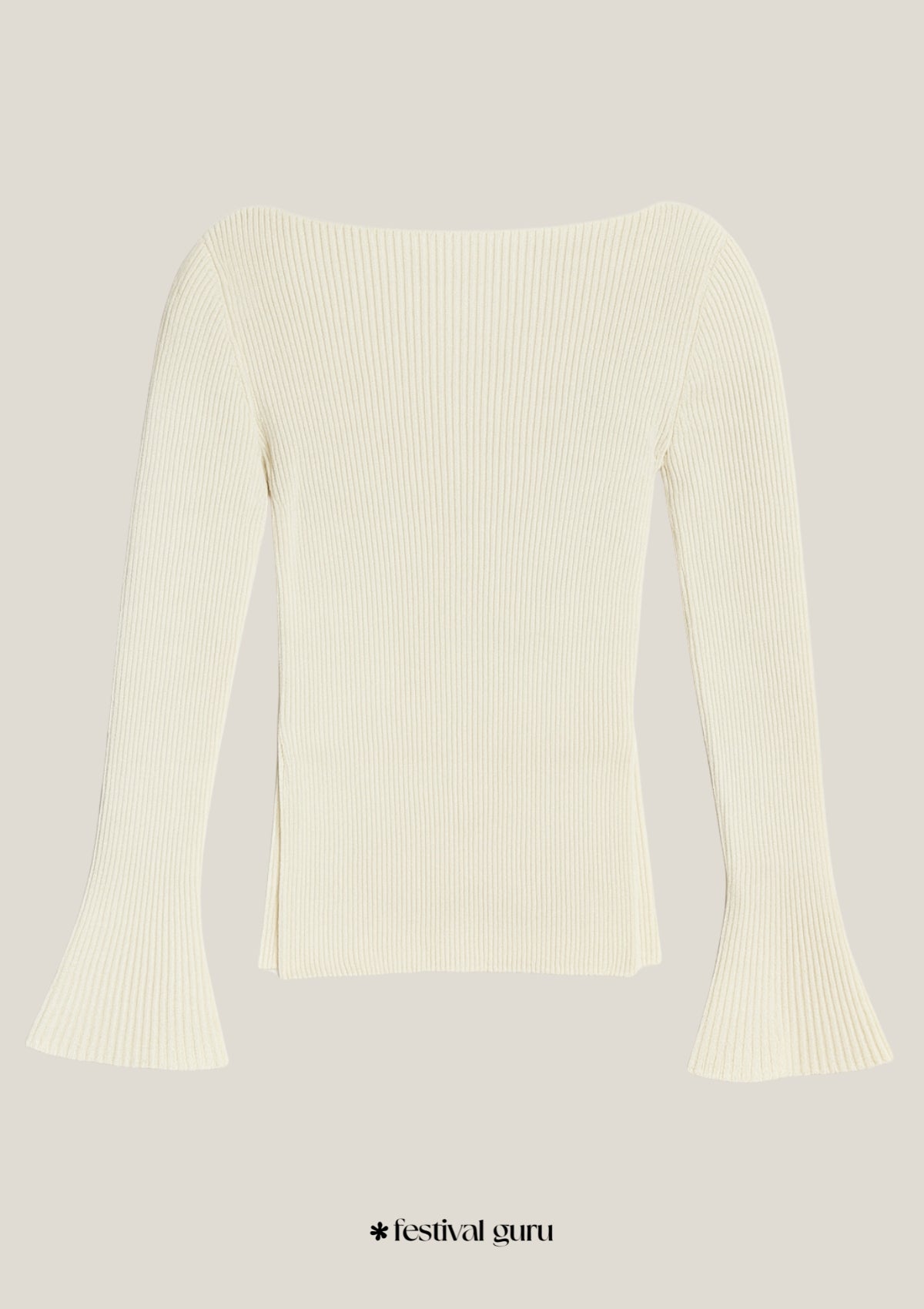 Cream-colored ribbed sweater on a light gray background with 'festival guru' branding.