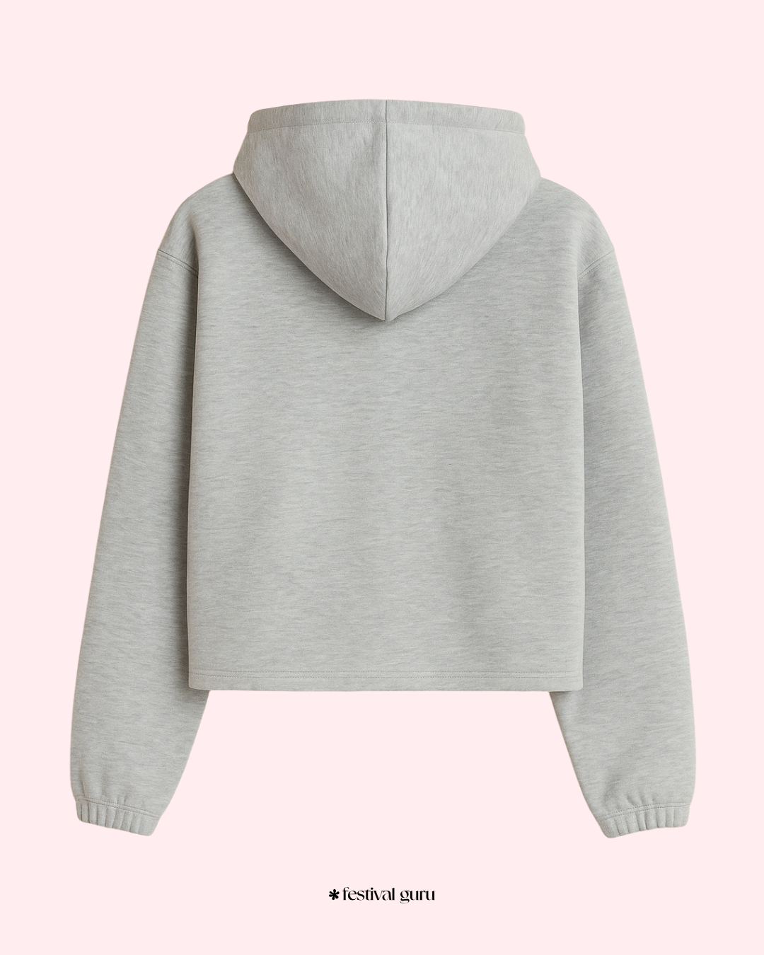 Gray hoodie on a light pink background with 'Festival Guru' branding.