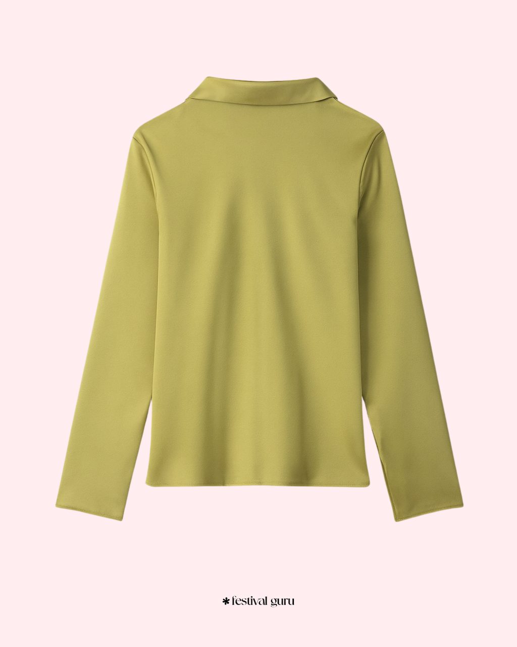 Green long-sleeve shirt on a light pink background