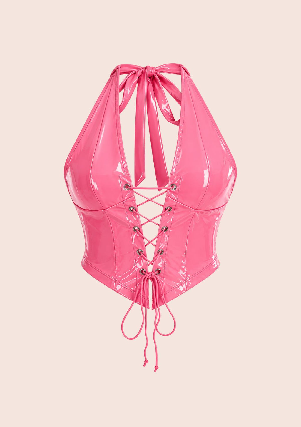 Hot pink glossy corset top with a halter neckline