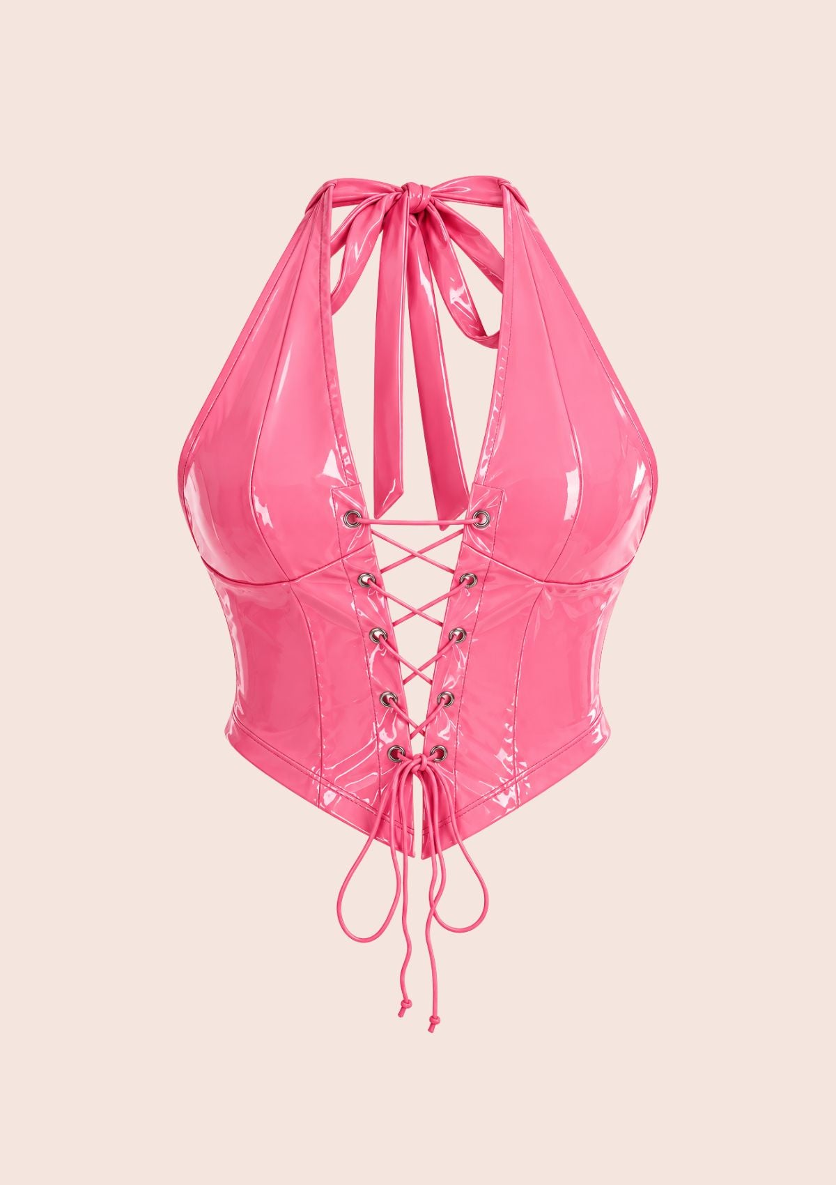 Hot pink glossy corset top with a halter neckline