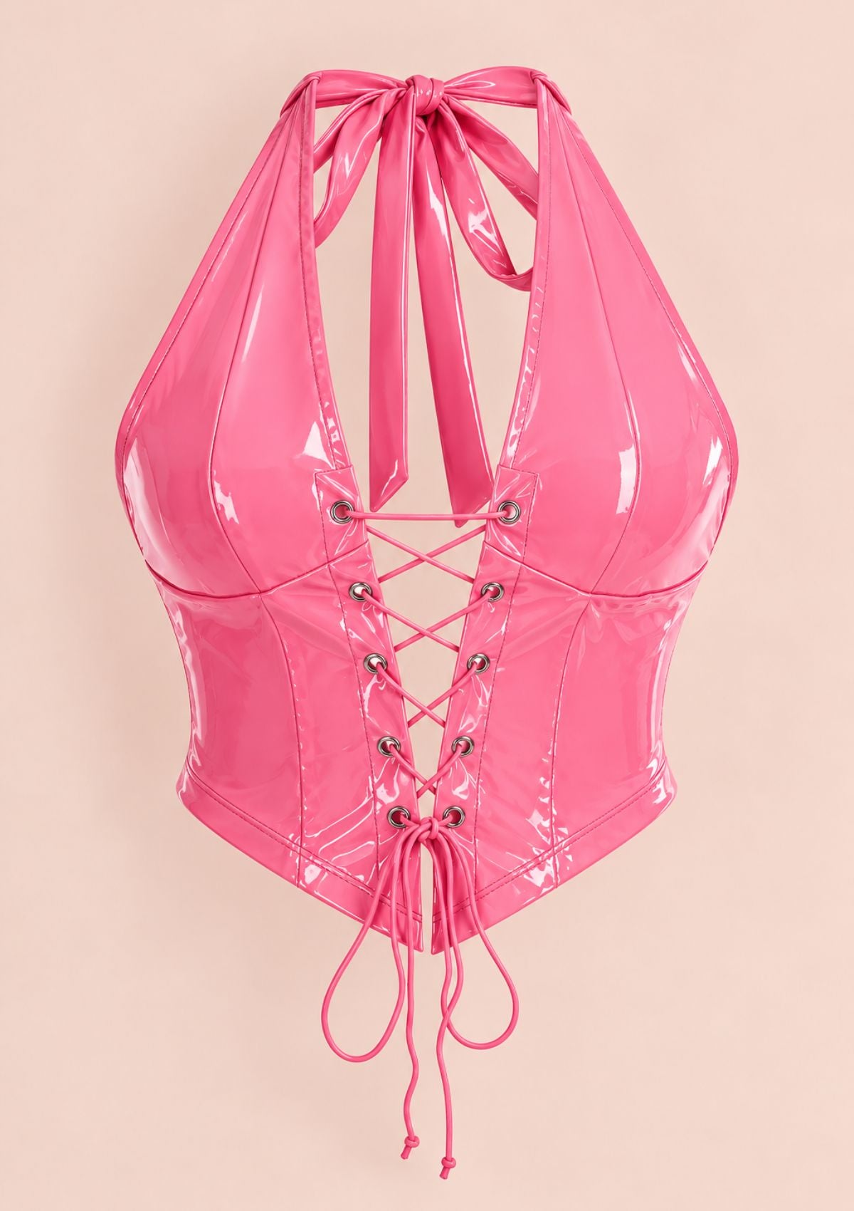 A shiny pink halter-style bodysuit with a glossy patent finish, front lace-up detailing, and tie straps at the neckline and hem, shown against a plain light beige background.