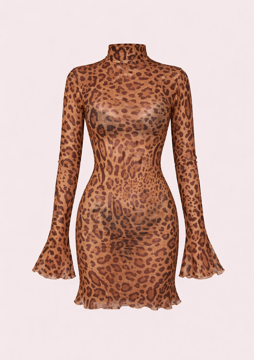 Leopard print dress with long sleeves on a light pink background