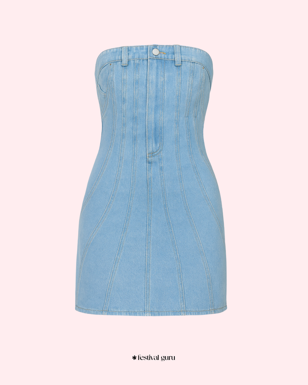 Light blue denim dress on a light pink background