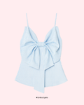 Light blue striped top with a large bow on a pink background