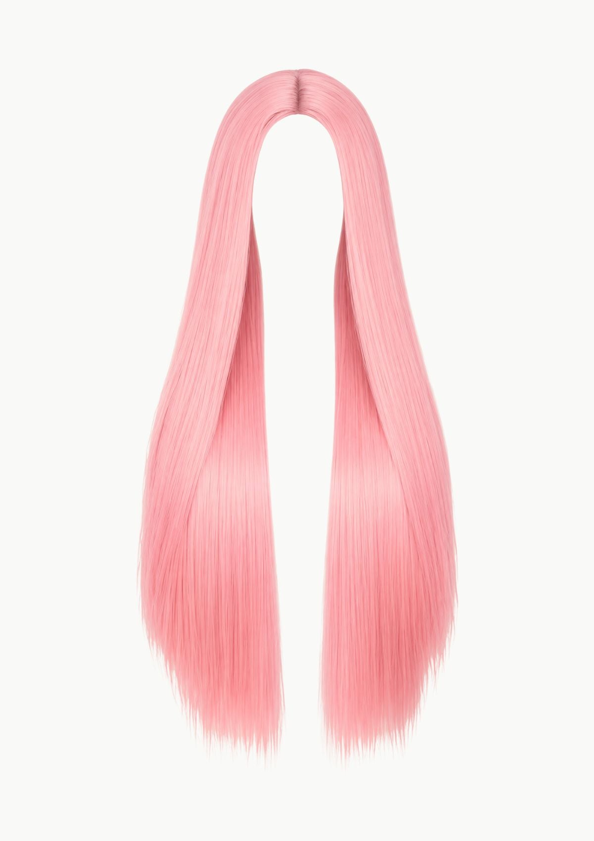 A long, straight pink wig displayed on a plain white background.