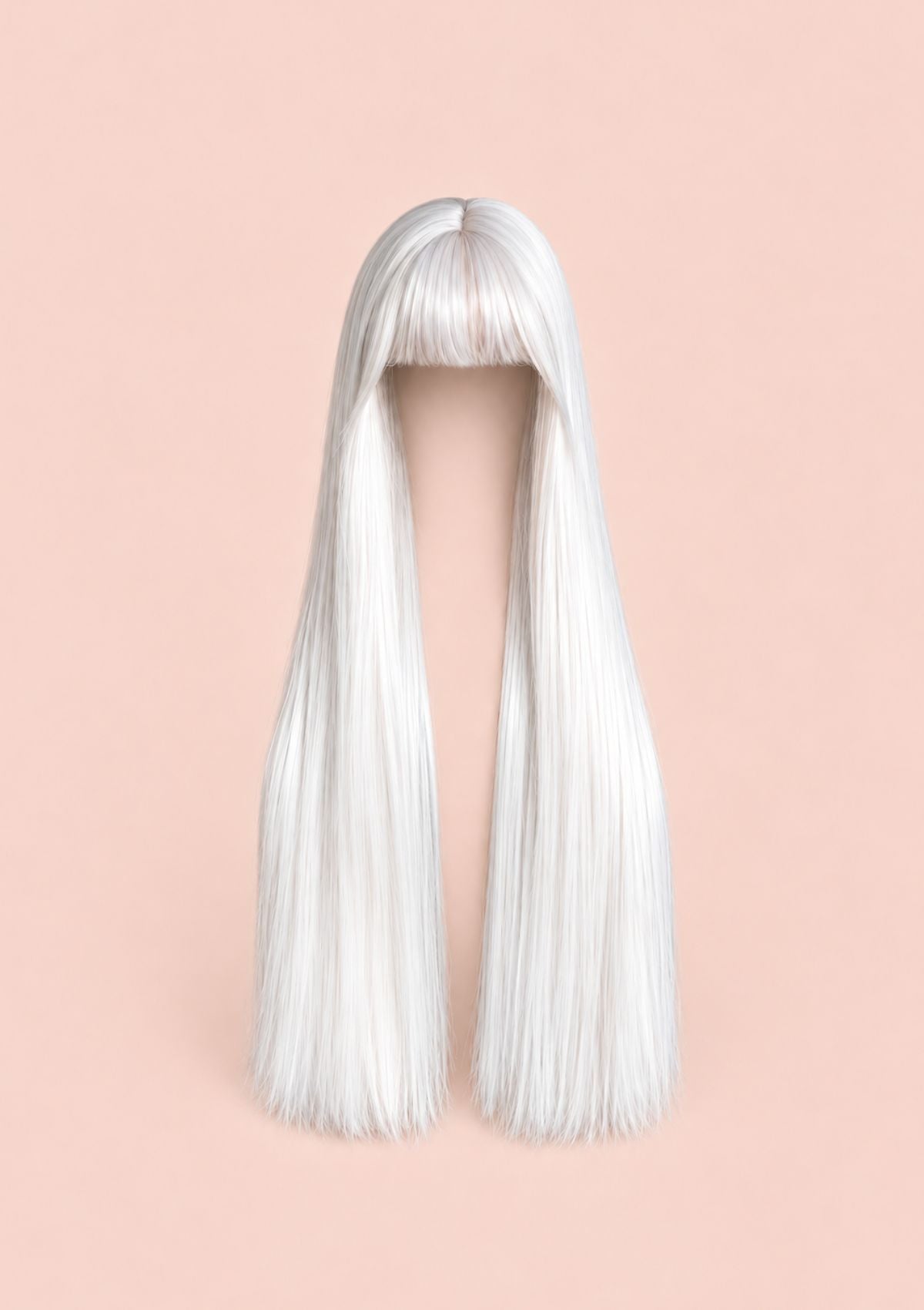 Long white synthetic wig with sleek straight hair and full blunt bangs