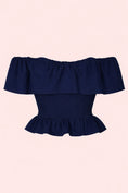 Заредете изображението в програмата за преглед на галерия, Navy blue off-shoulder top on a pink background
