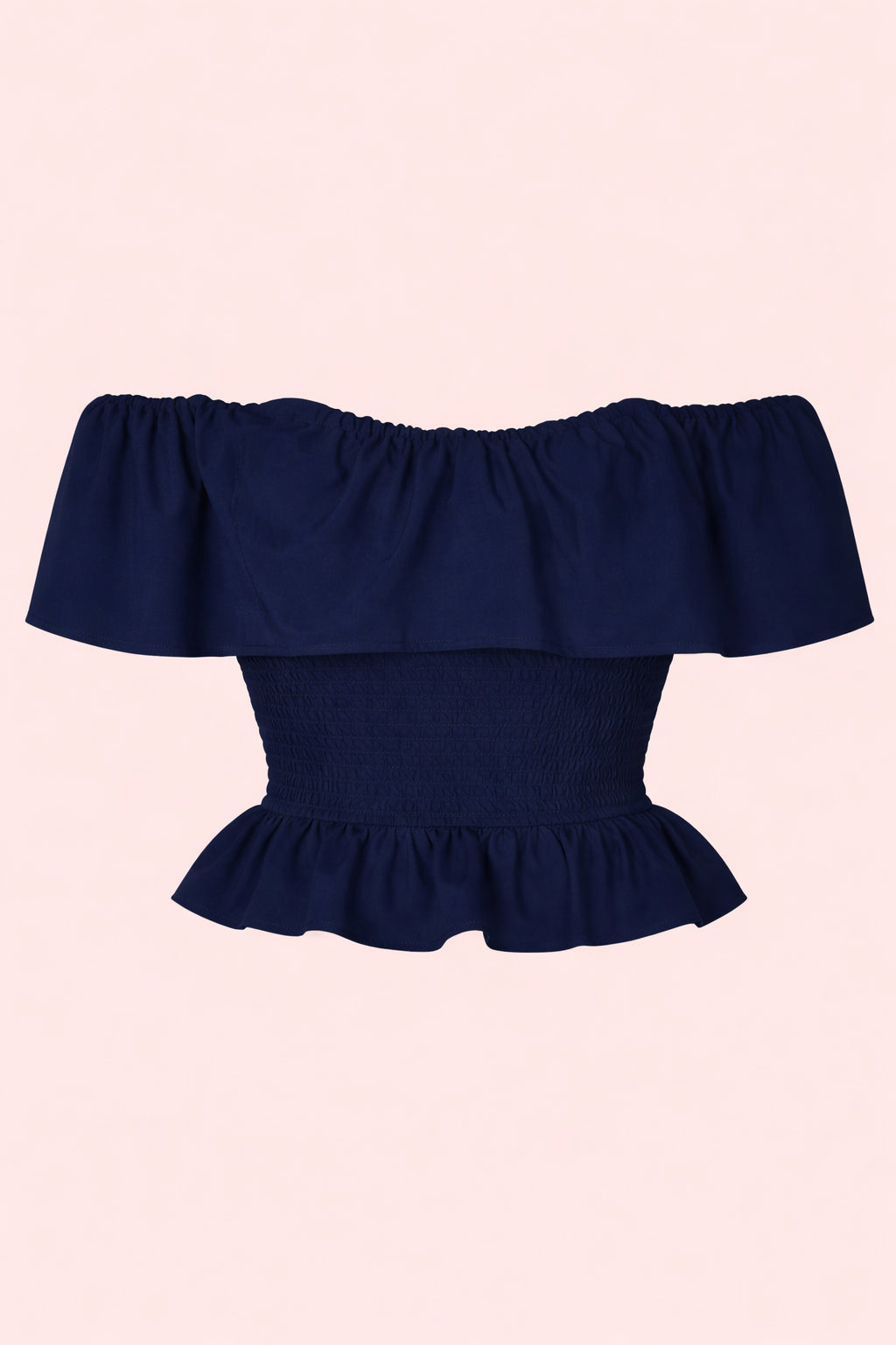 Navy blue off-shoulder top on a pink background