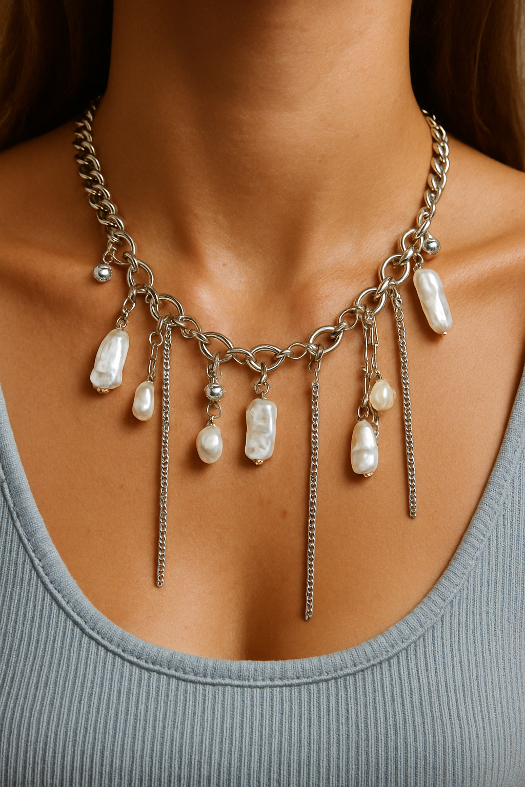 Necklace with pearls and chain drops on a person wearing a gray tank top.