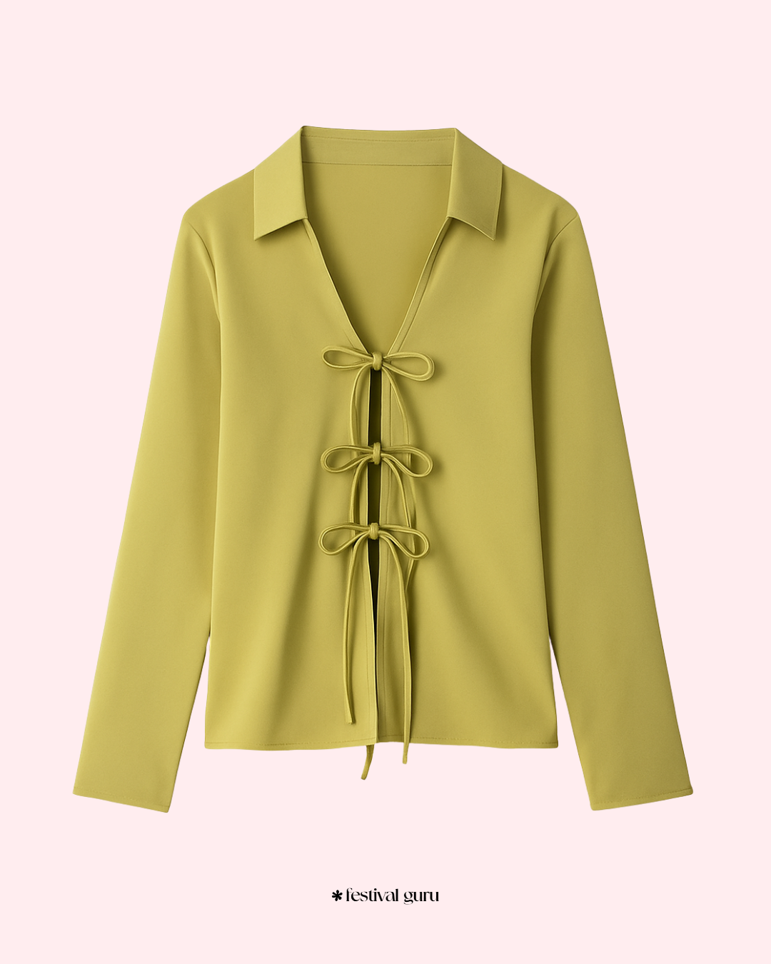 Olive Green shirt with tie details on a light pink background