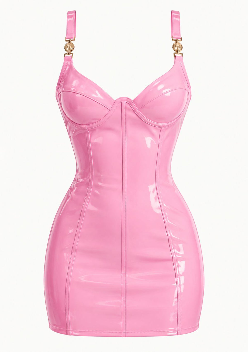 A shiny light pink latex mini dress with a sweetheart neckline, structured corset-style bodice, and thin shoulder straps with gold-tone hardware, shown on a plain white background.