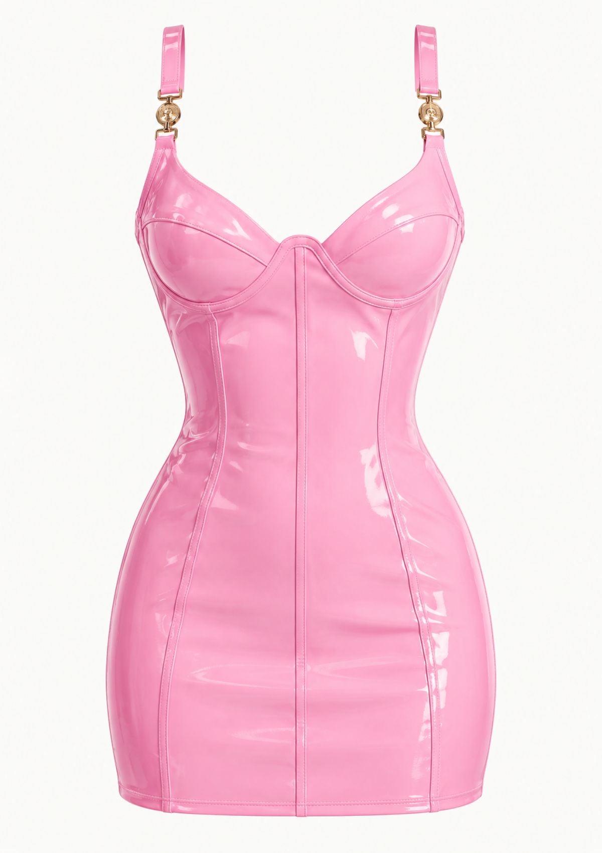 A shiny light pink latex mini dress with a sweetheart neckline, structured corset-style bodice, and thin shoulder straps with gold-tone hardware, shown on a plain white background.