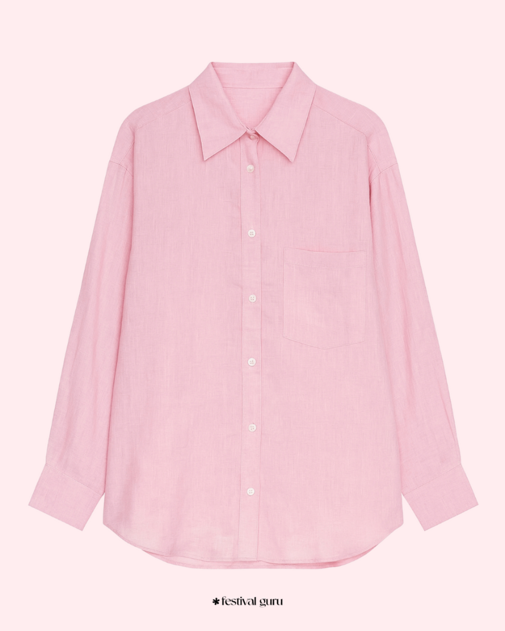 Pink shirt on a white background with 'festival guru' branding.