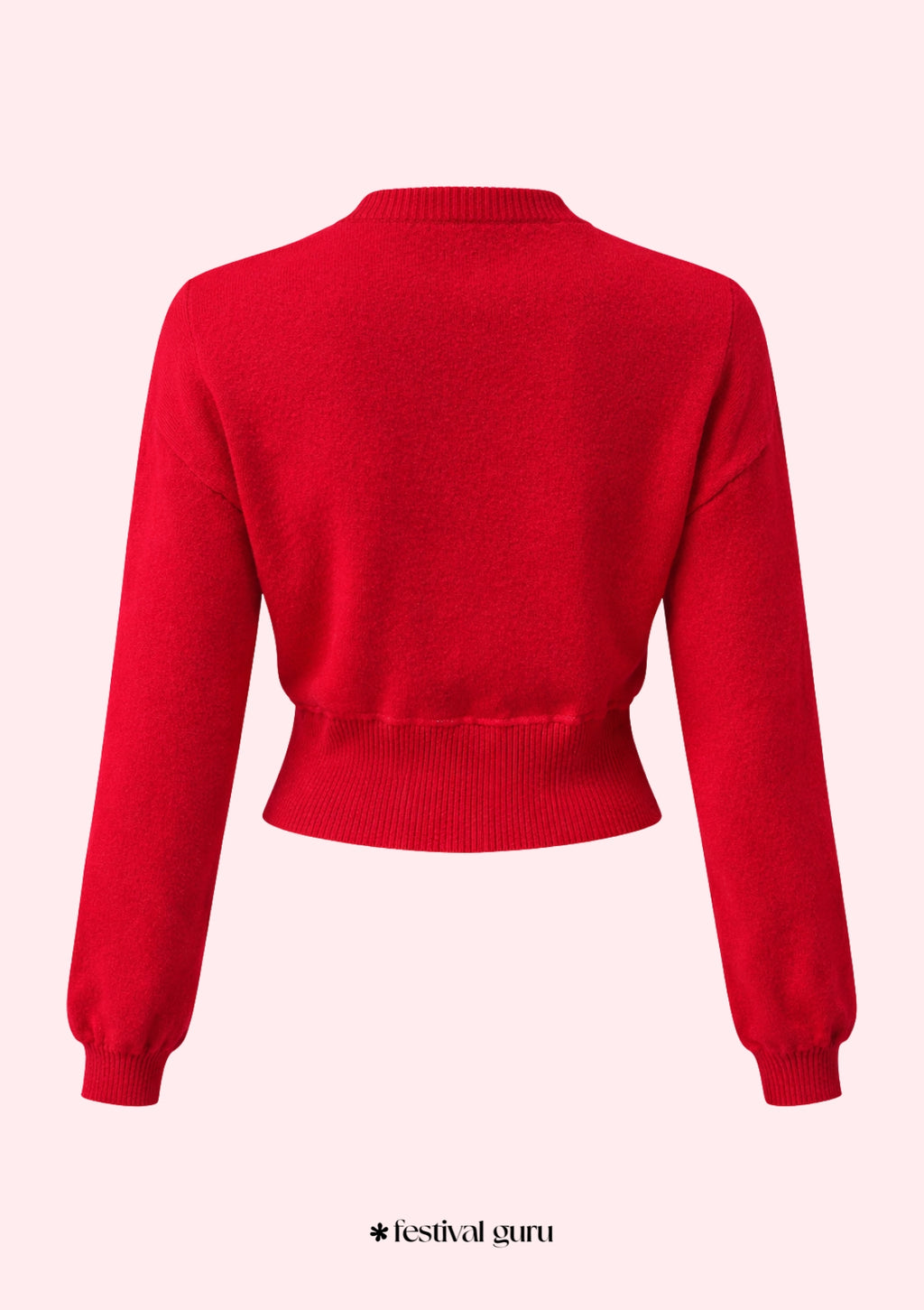 Red sweater on a white background with 'festival guru' branding.