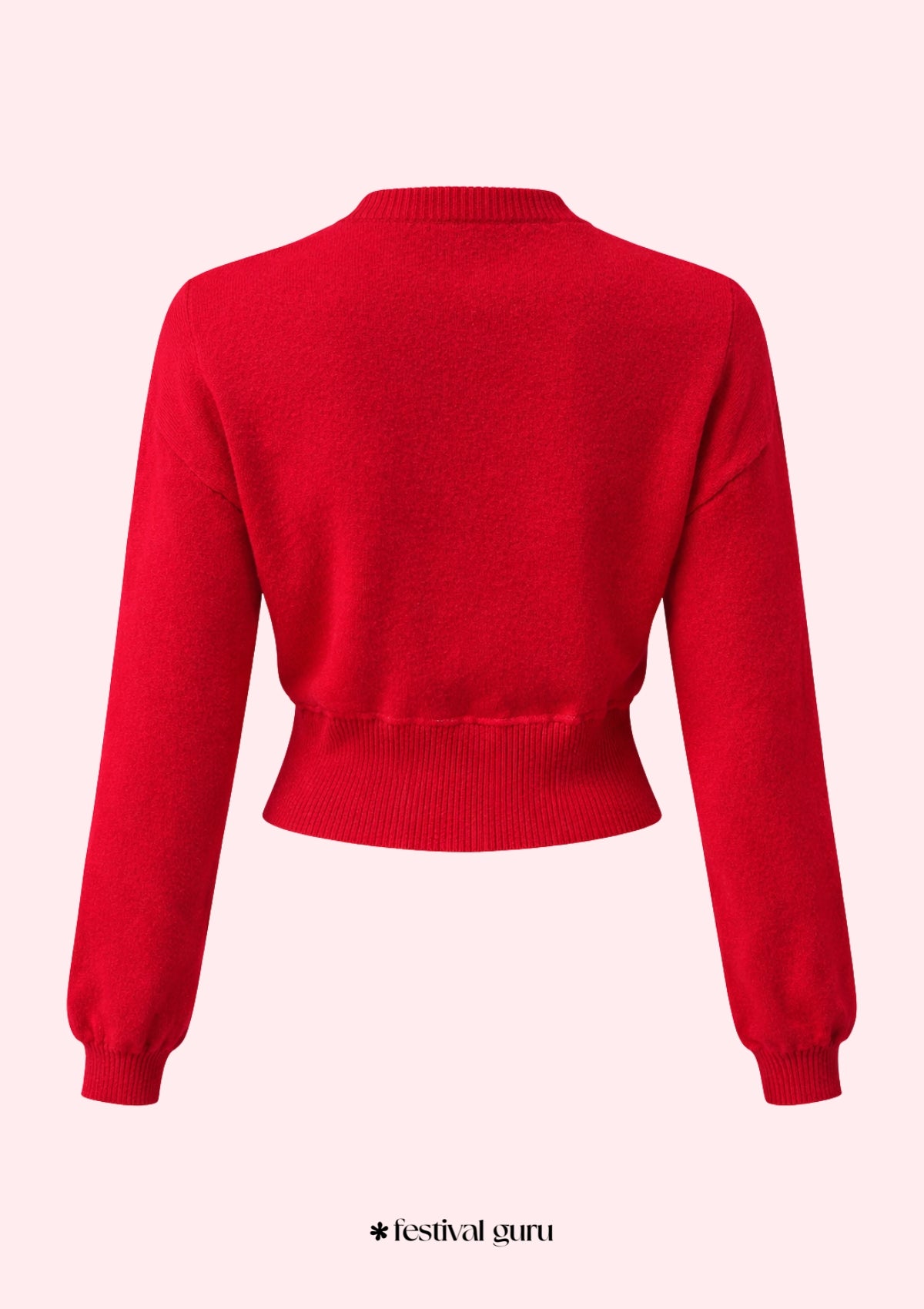 Red sweater on a white background with 'festival guru' branding.