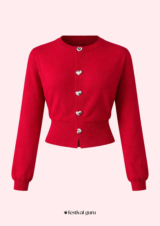 Red cardigan with silver buttons on a white background