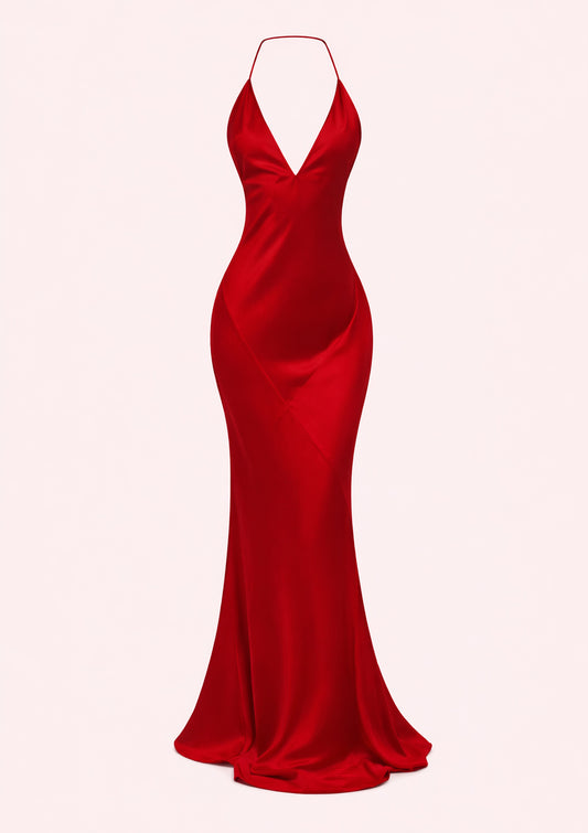 Red evening gown on a white background