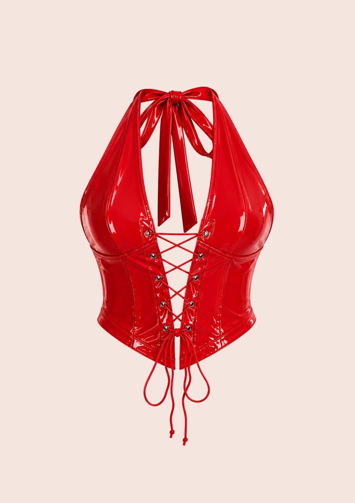 Red glossy corset top with a halter neckline, open back and front lace-up detail