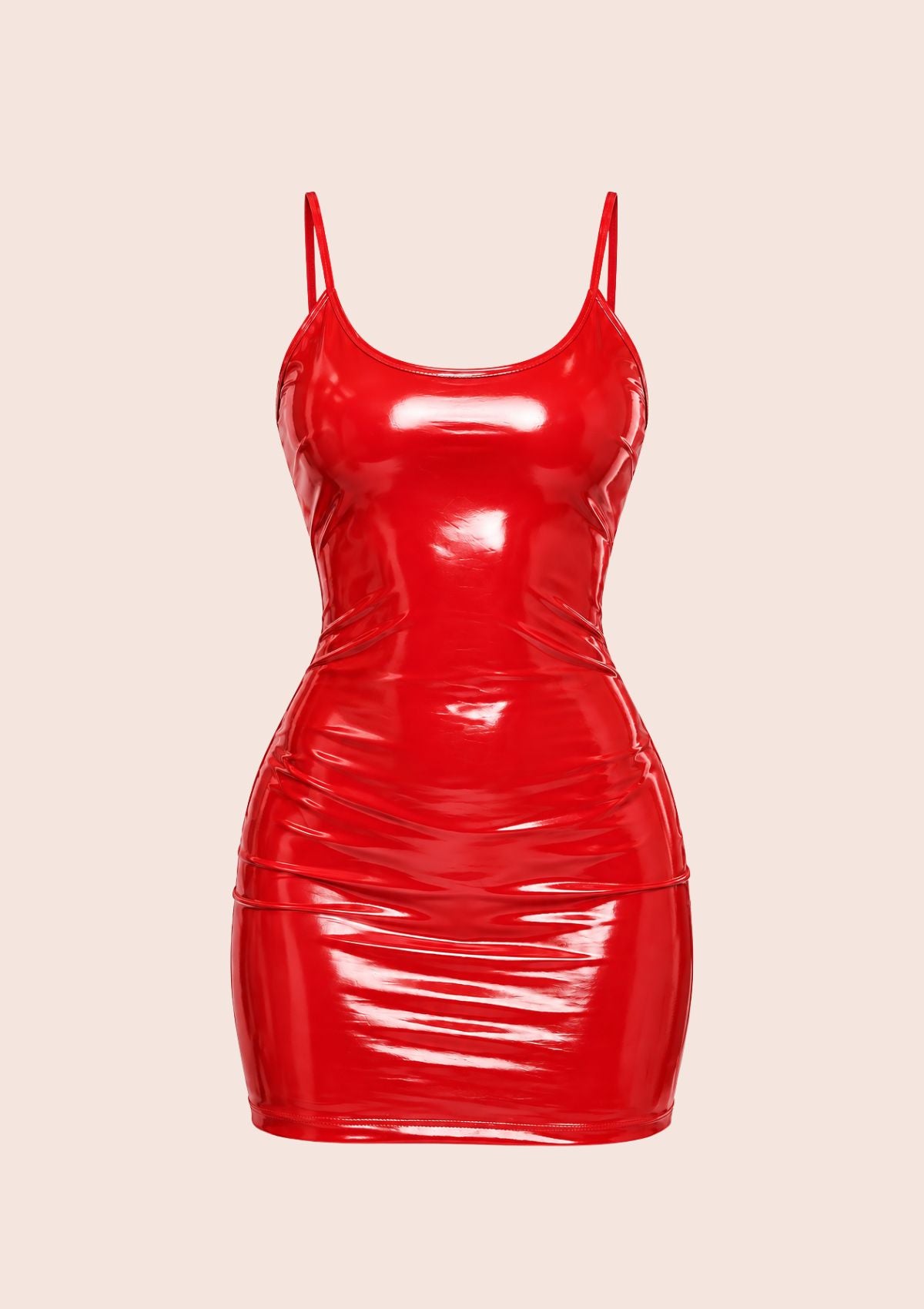 A shiny red latex mini dress with spaghetti straps, shown on a plain beige background.