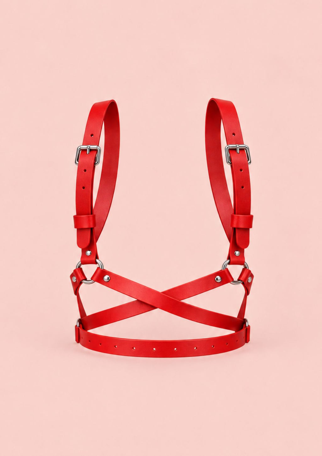 Red leather-look harness top  belt with criss-cross straps, metal rings and adjustable buckles