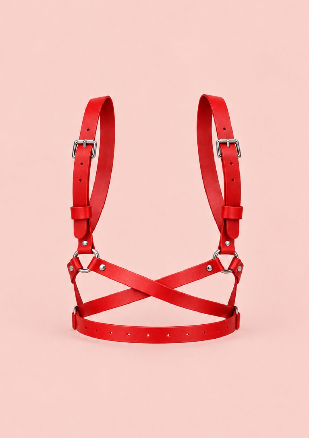 Red leather-look harness top  belt with criss-cross straps, metal rings and adjustable buckles