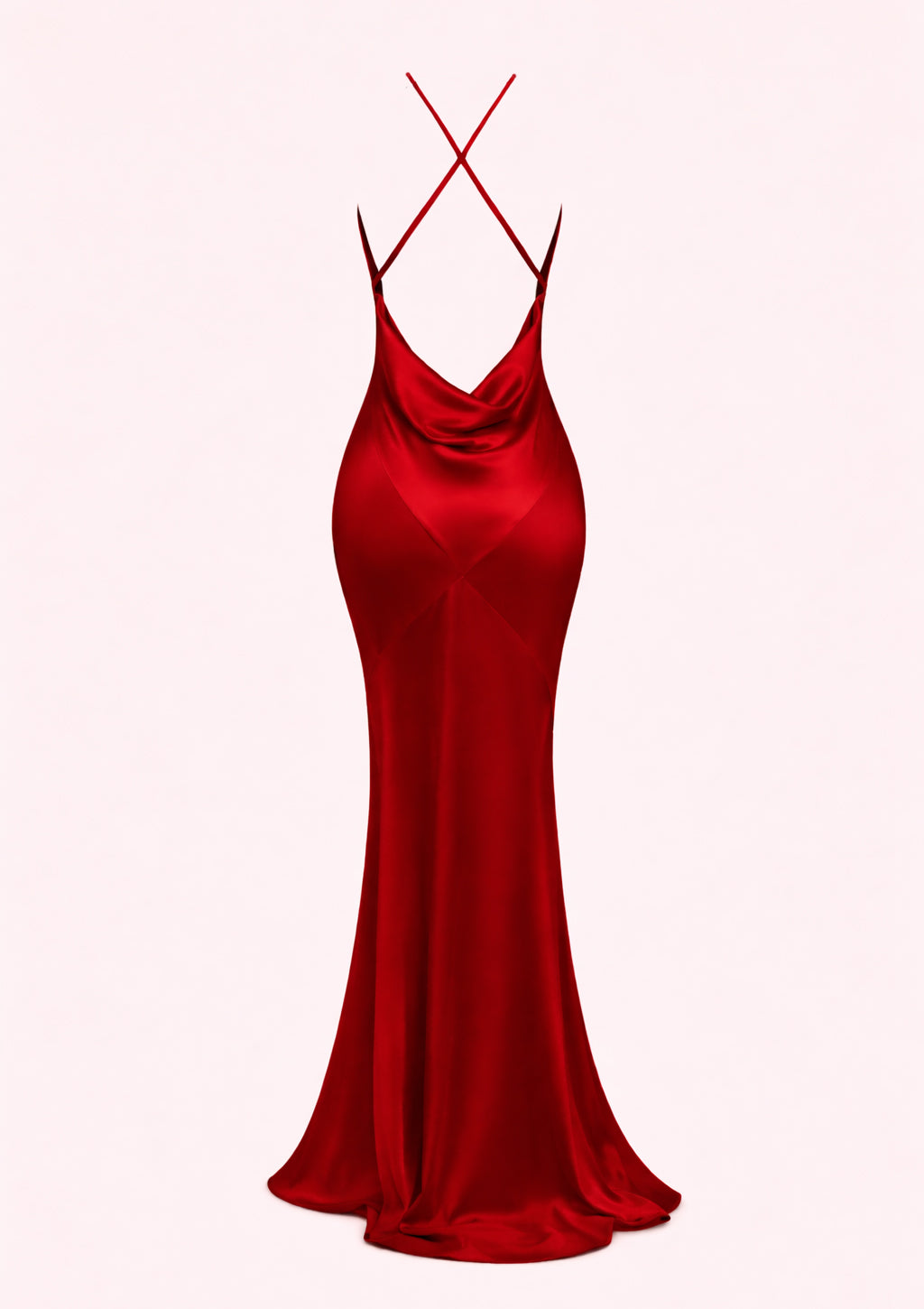 Red satin evening gown with thin straps on a white background