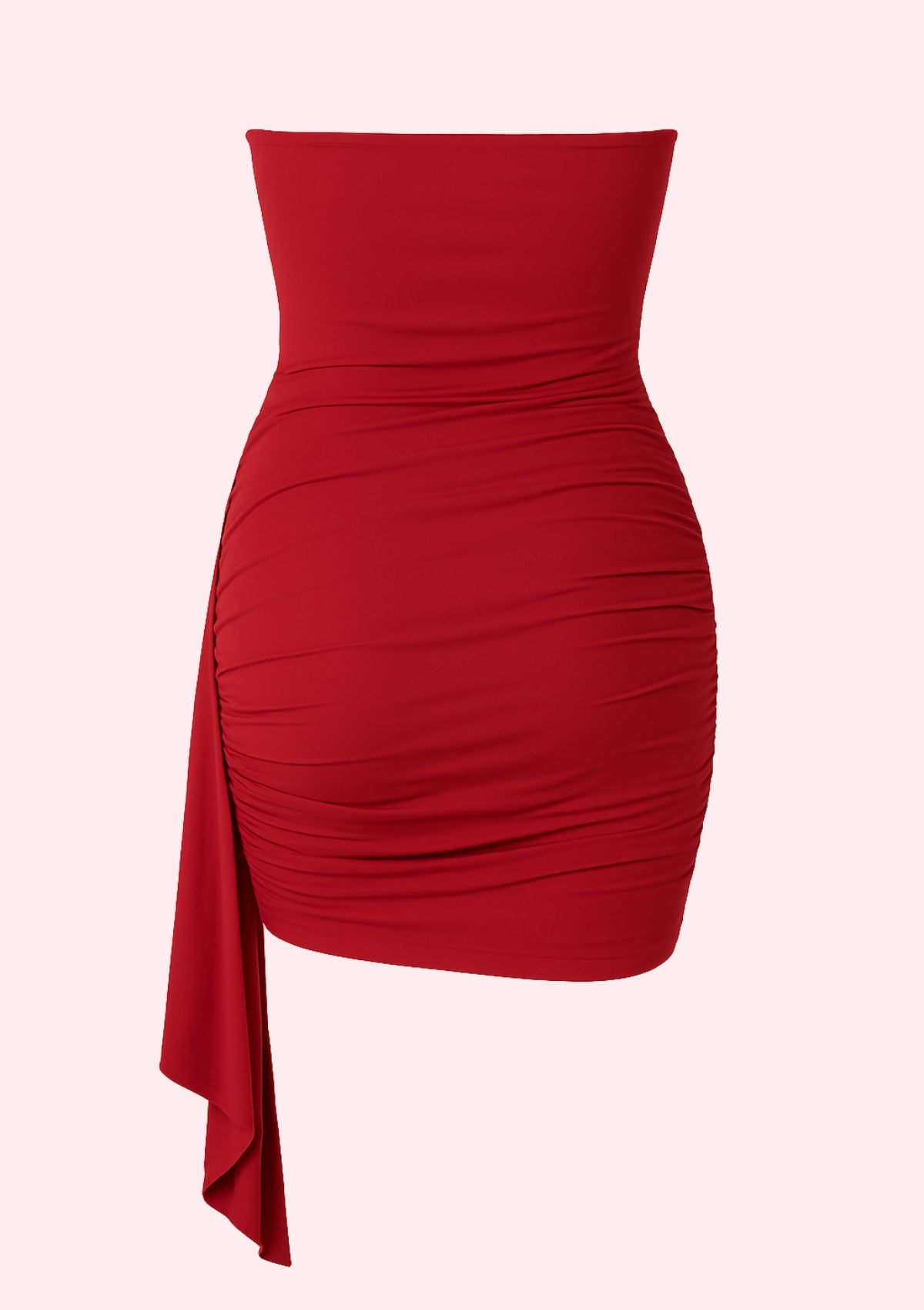 Red dress with a draped design on a white background