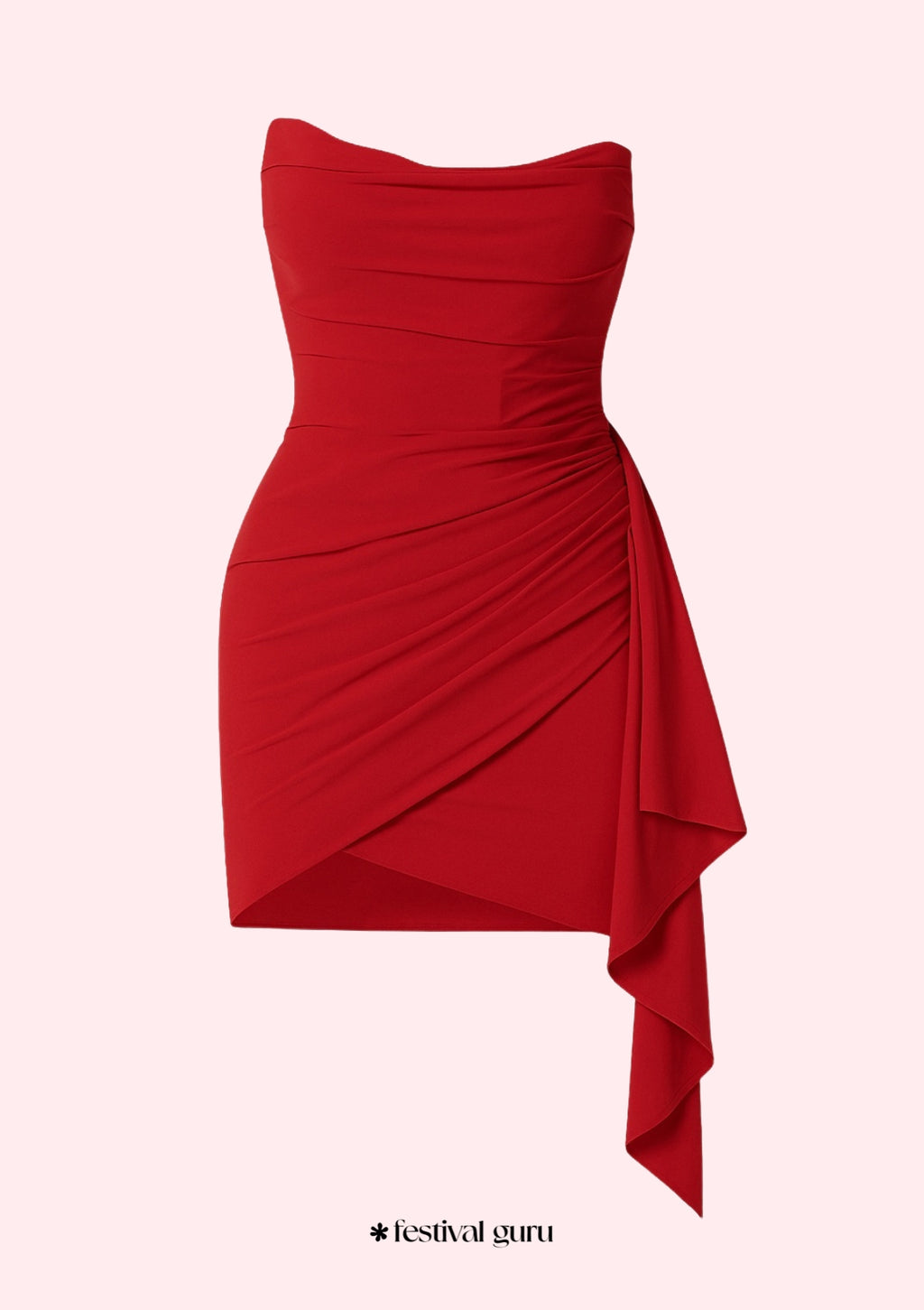 Red strapless dress with draped design on a white background, branded 'festival guru'.