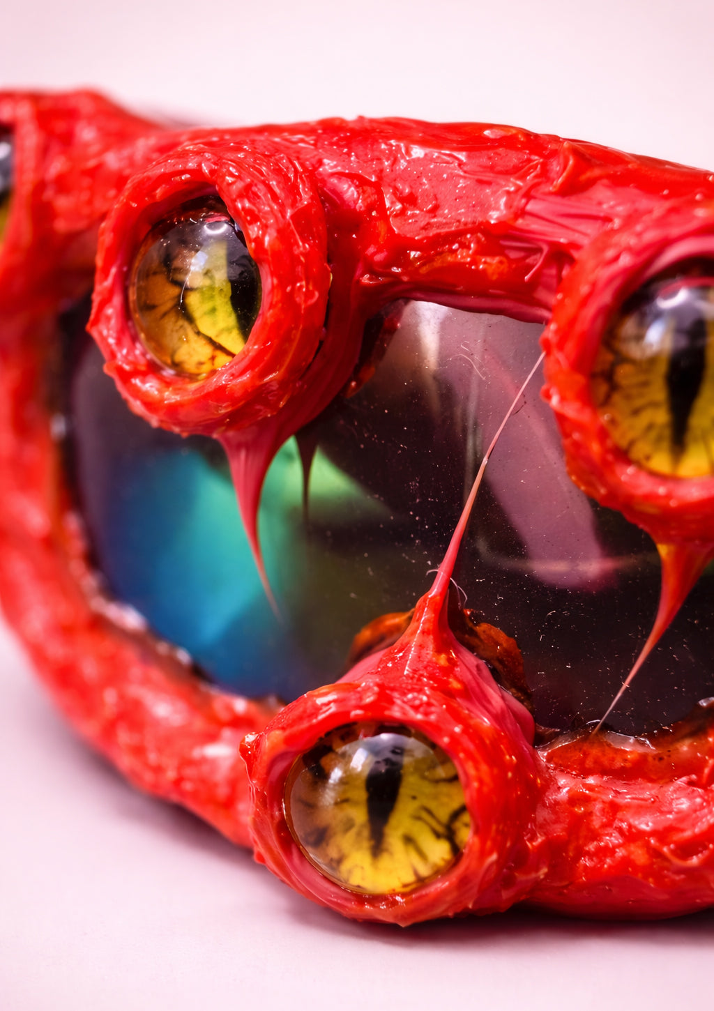 Red sunglasses with yellow eye-like lenses on a white background