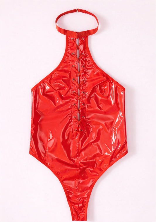 Red vinyl bodysuit corset with halter neck design on a white background
