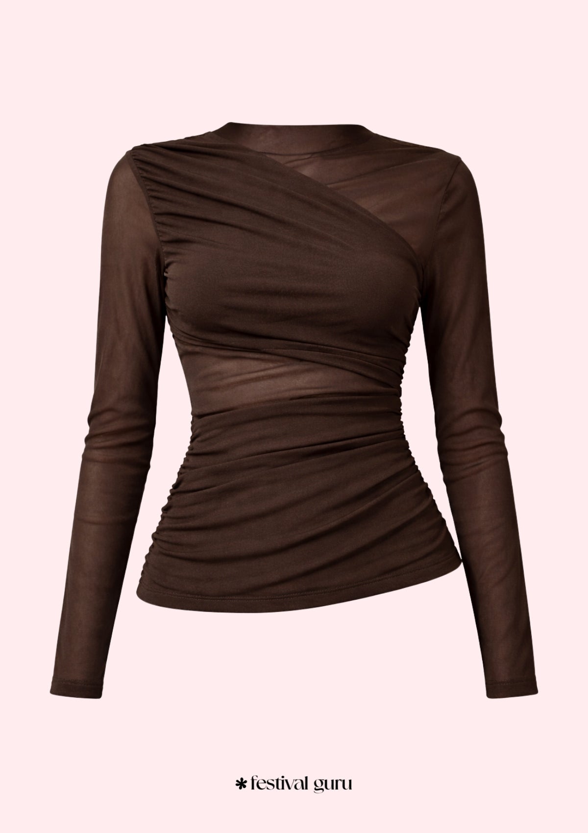 Brown long-sleeve top on a white background with 'festival guru' branding.