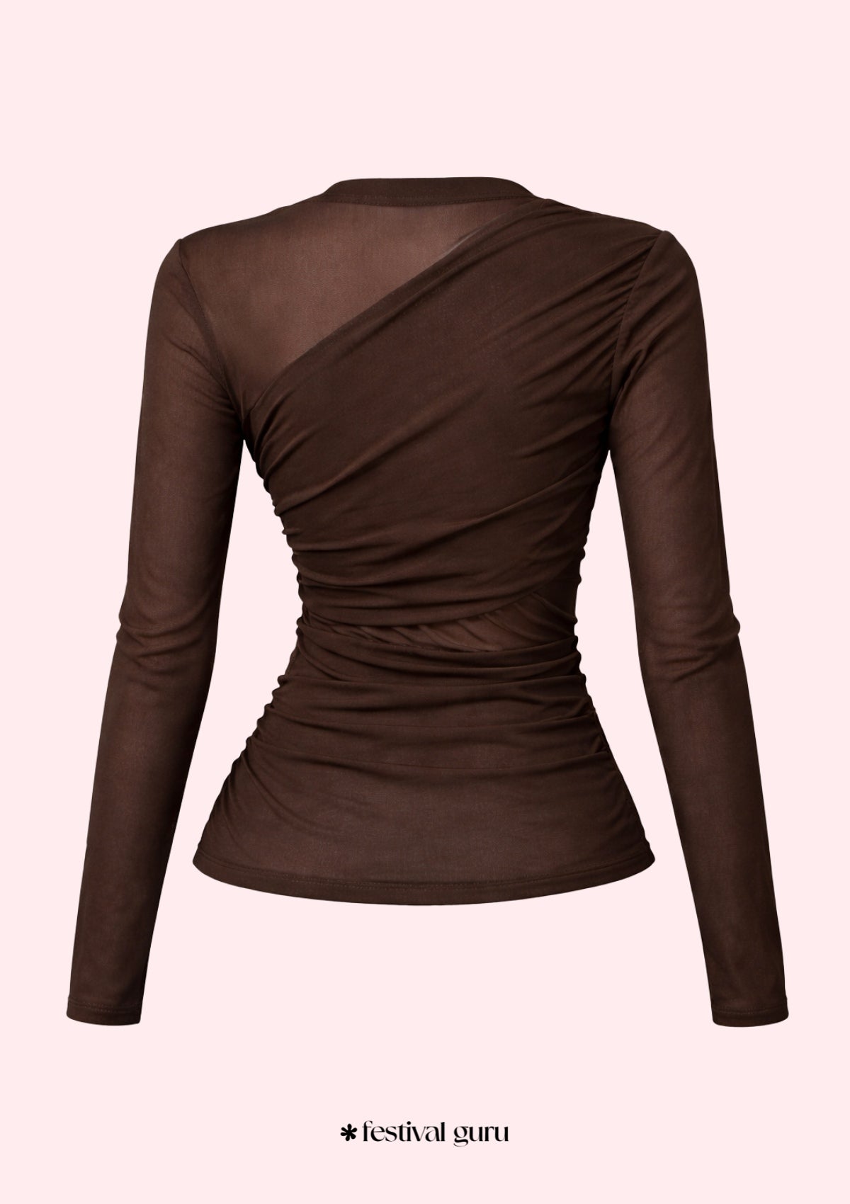 Brown long-sleeve top with ruched design on a light pink background