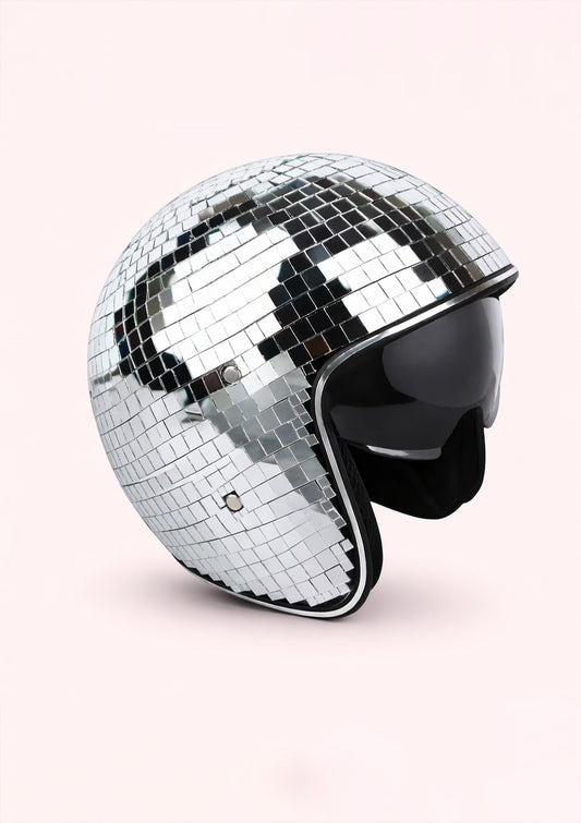 Silver disco ball helmet on a white background