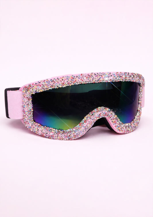 Sparkly goggles with pink frame and multicolored lenses