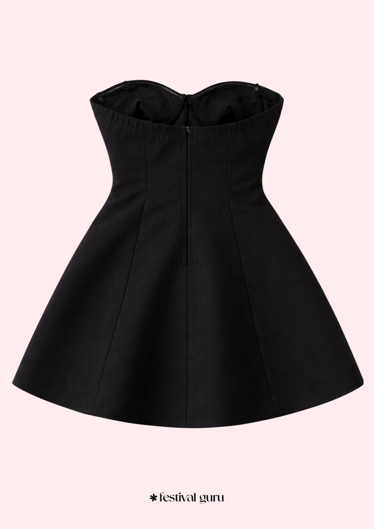 Black strapless dress on a light pink background with 'festival guru' branding.