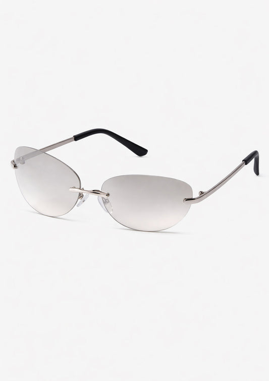 Sunglasses with thin metal frame and white lenses on a light gray background
