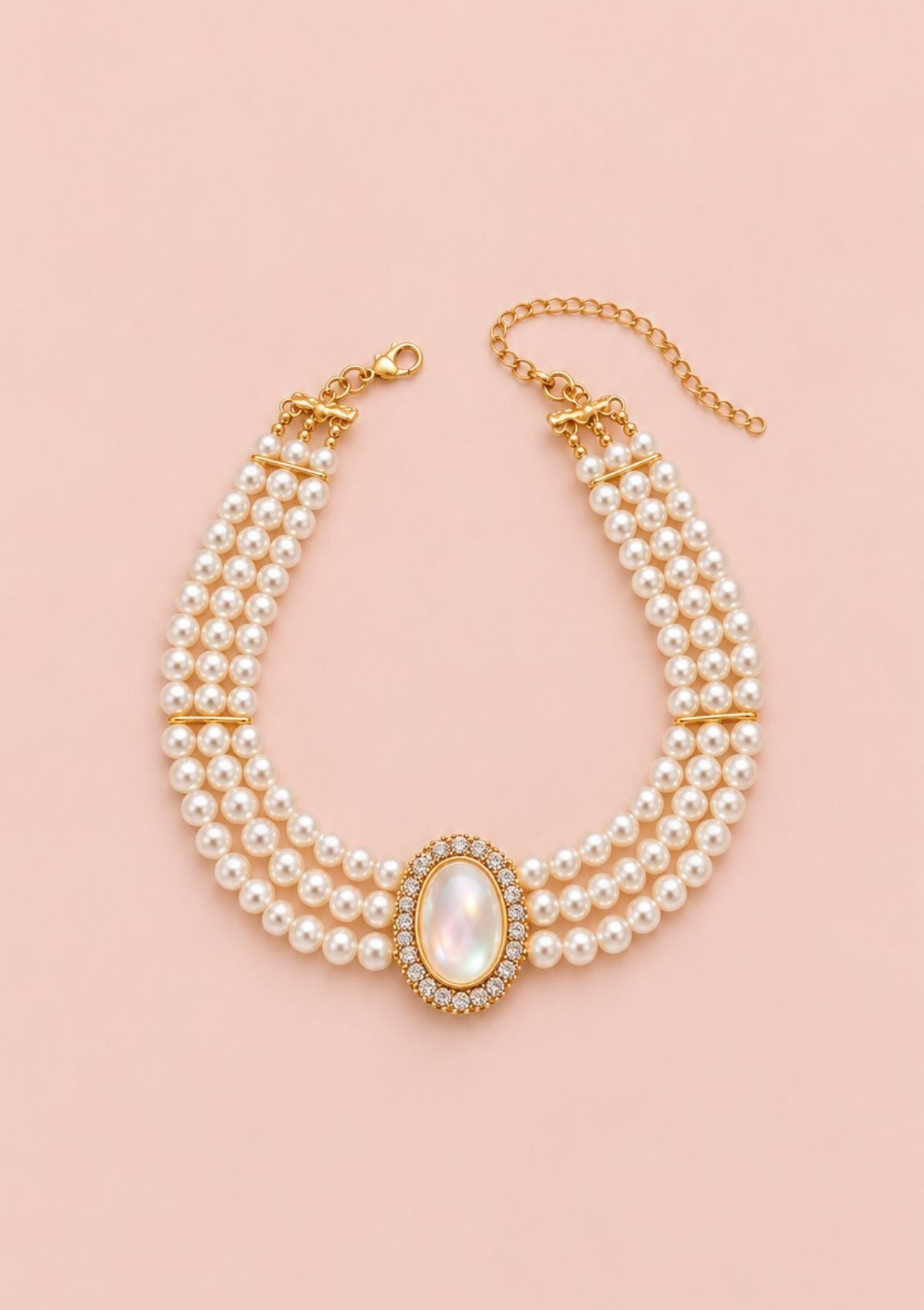 A gold-tone multi-strand pearl necklace with a central oval pearl and crystal halo, displayed on a soft pink background.