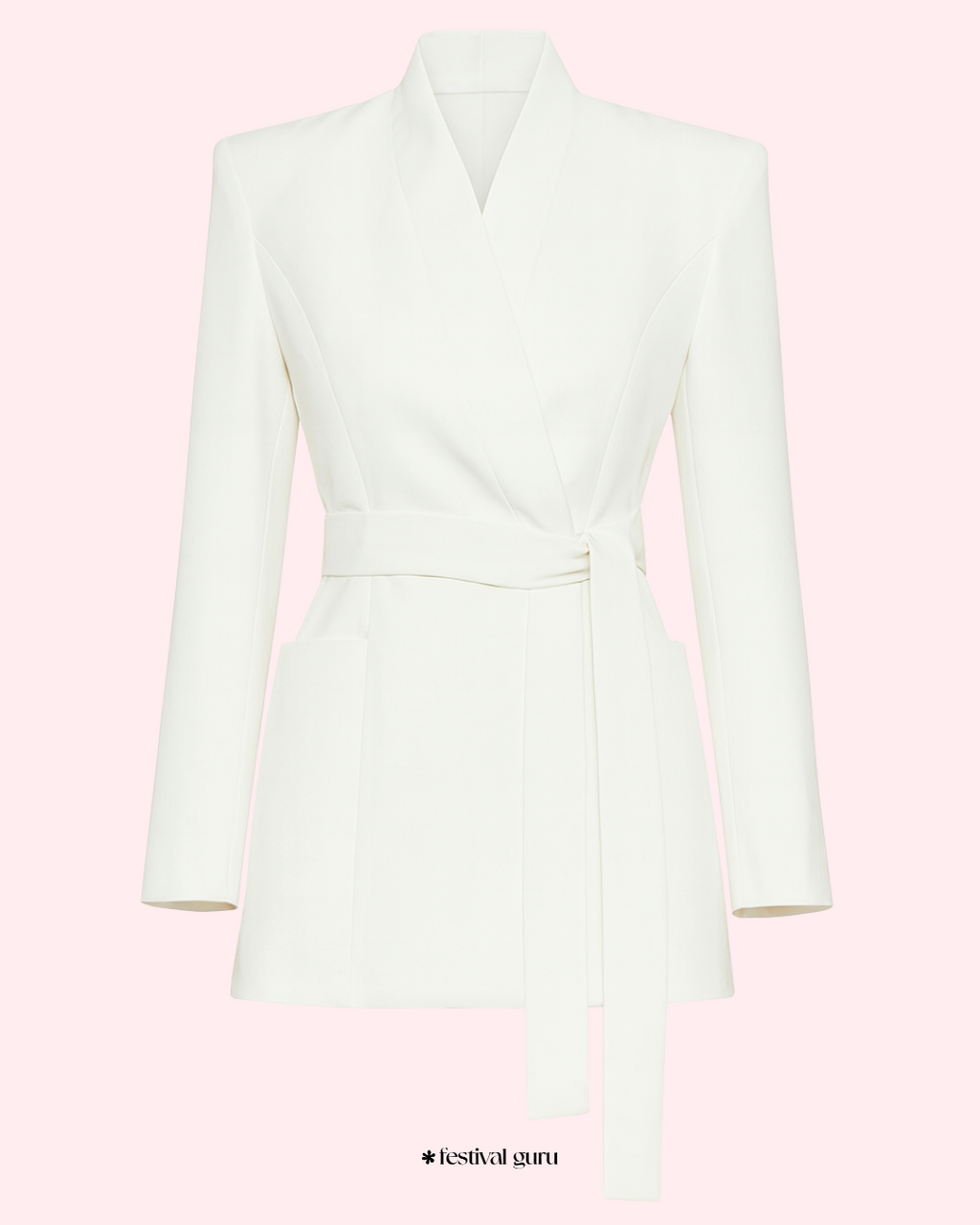 White blazer on a pink background with 'festival guru' branding.