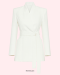 White blazer on a pink background with 'festival guru' branding.