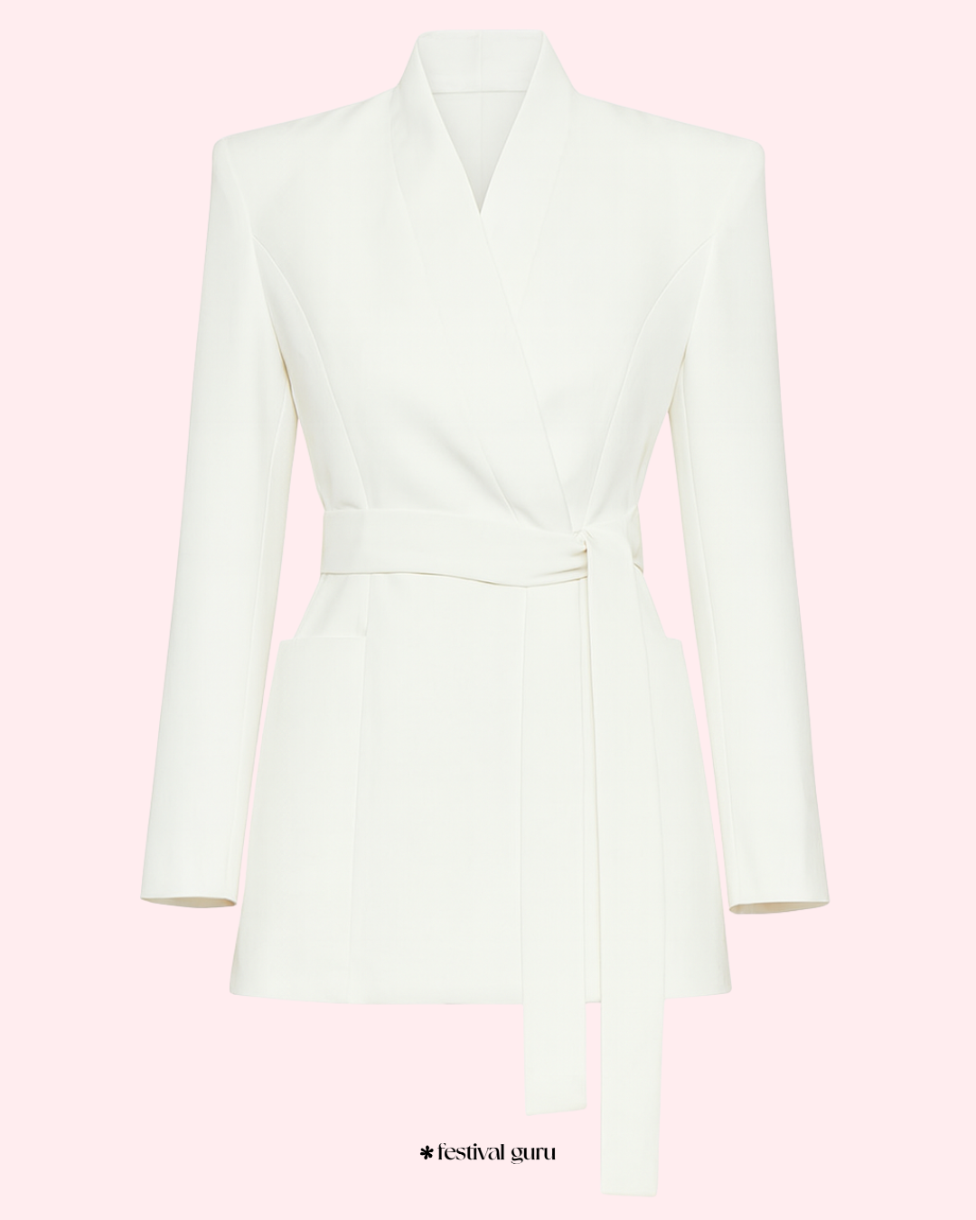 White blazer on a pink background with 'festival guru' branding.