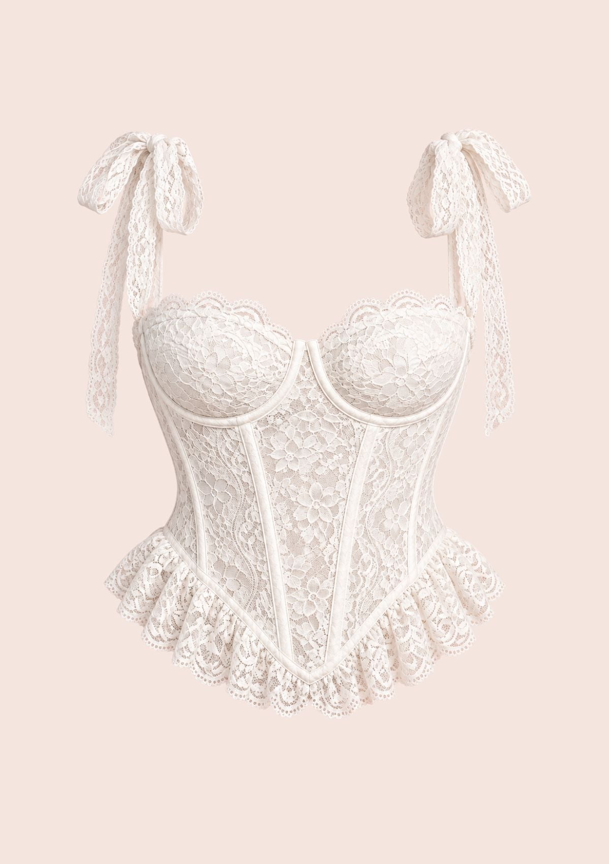 An off-white lace corset bustier with ruffled trim and shoulder tie straps, displayed against a solid pale pink background.